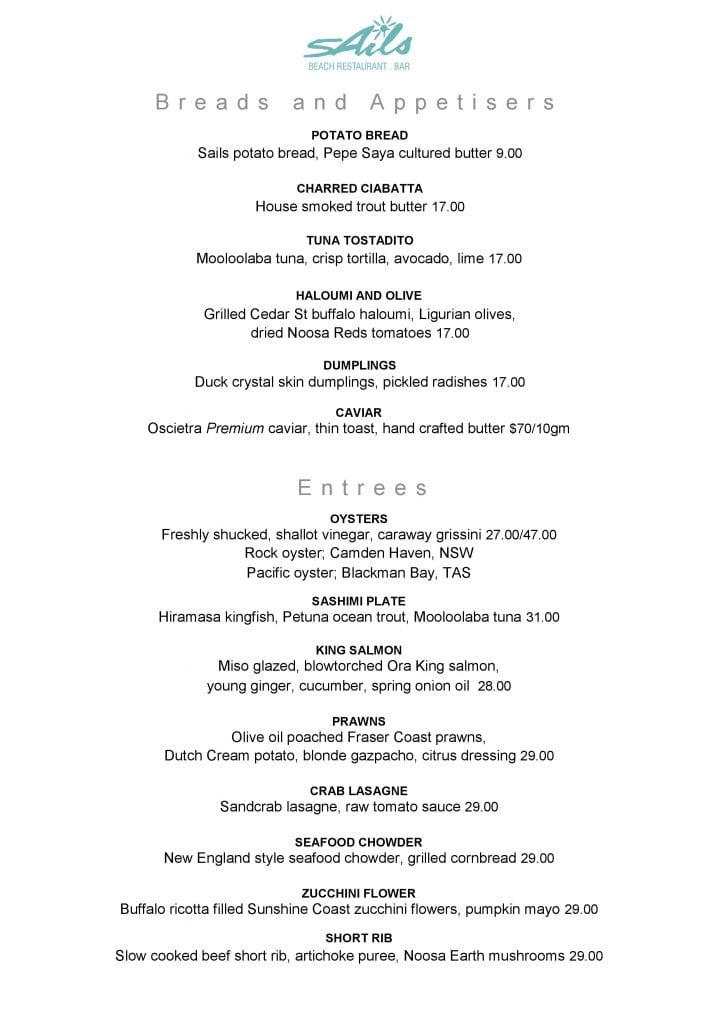 Lunch & Dinner Menu - Modern Australian Cuisine - Sails Restaurant