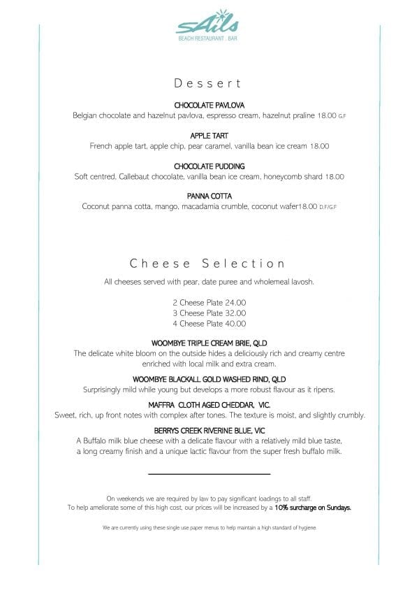 Lunch & Dinner Menu - Modern Australian Cuisine - Sails Restaurant