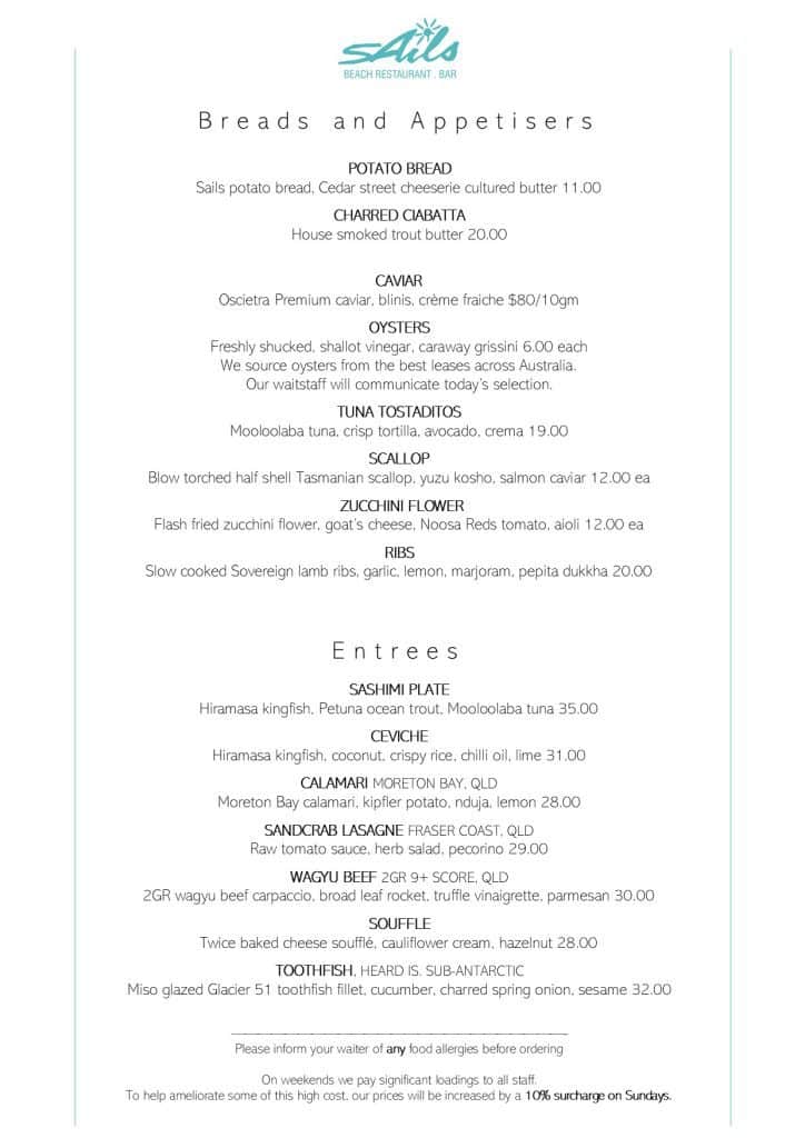 Lunch & Dinner Menu - Modern Australian Cuisine - Sails Restaurant